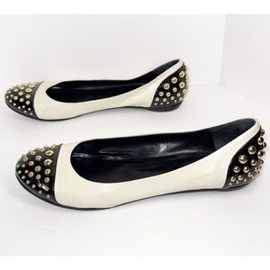 Moschino Ballet Flats Leather Black Cream Gold Studded Slip On Classic 38/7.5-8